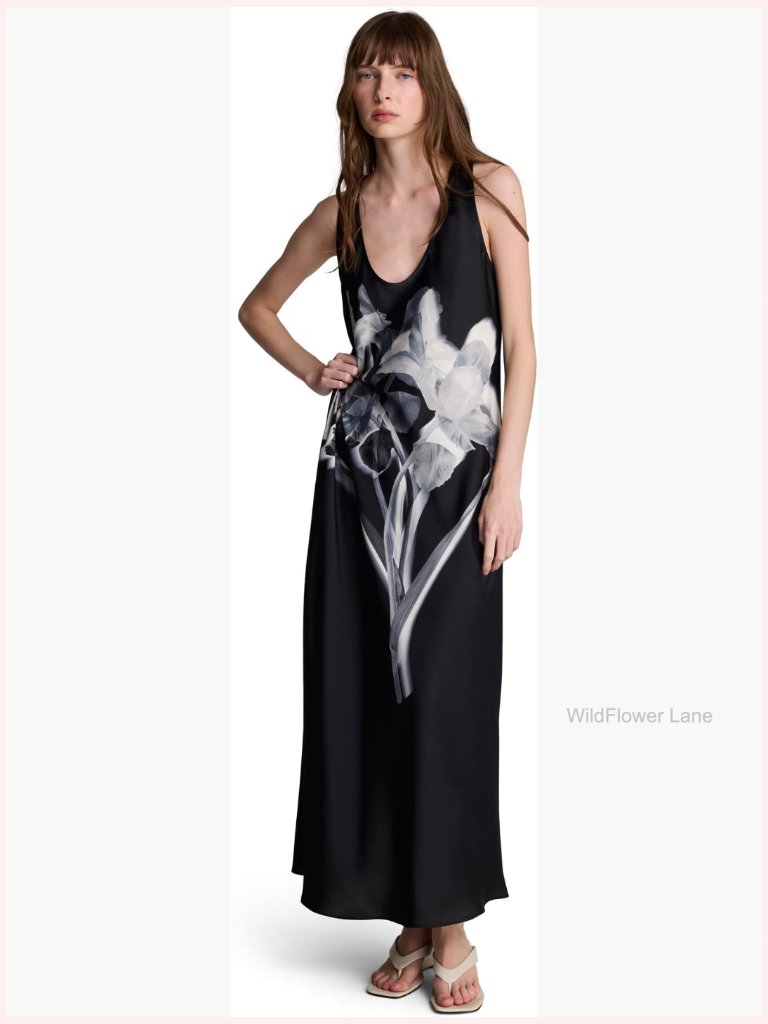 Scoop Neck Printed Satin Slip Dress Midi Sheath Sleeveless
